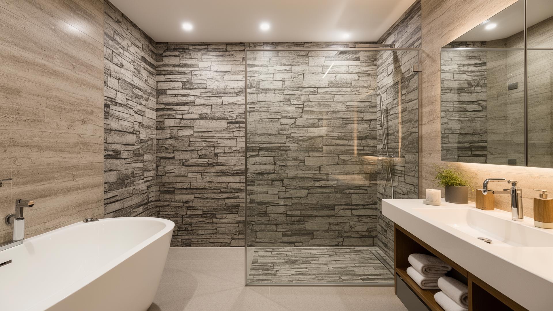 Baño hotel renovado con vinilo hidrófugo efecto piedra