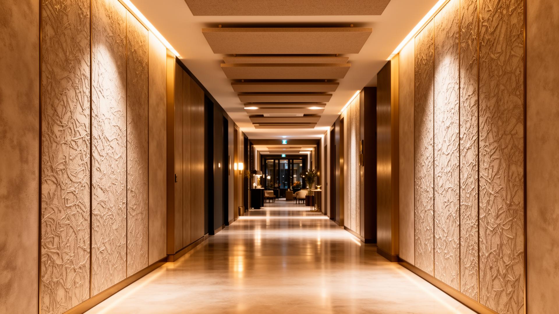 Pasillo hotel con vinilos texturizados y paneles acústicos