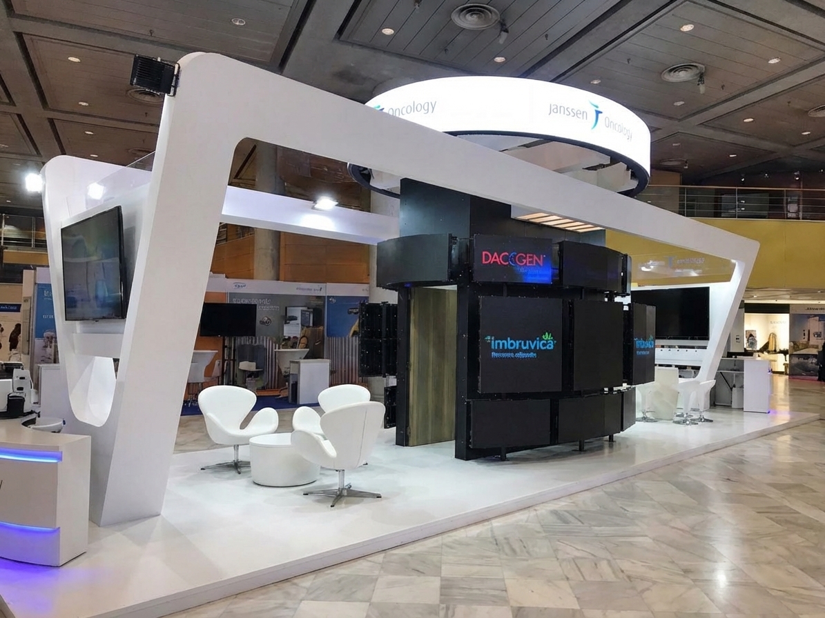 Vista frontal del stand Janssen Oncology con estructura de arco y zona lounge blanca