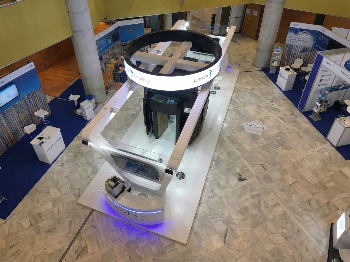Vista aérea del stand Janssen Oncology mostrando la estructura completa y el mostrador circular LED